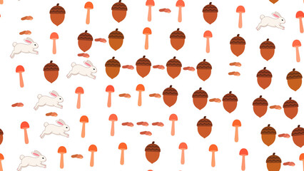 Seamless pattern with acorns, mushrooms, and rabbits © andi