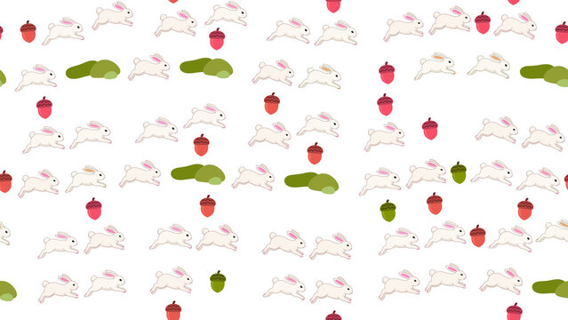 Seamless pattern of running rabbits and acorns