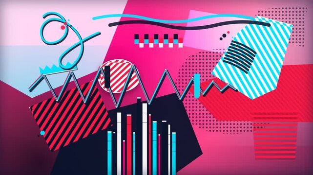 Abstract collage animation featuring vibrant geometric shapes and colorful Memphis patterns