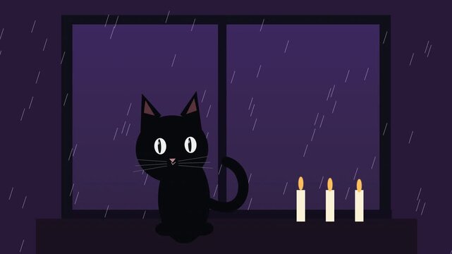 Halloween black cat animation loop with candles on window ledge