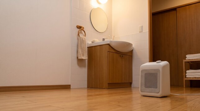 脱衣所の床に置いた白い小型ヒーター　床の高さのローアングル・夜の暖かい室内灯