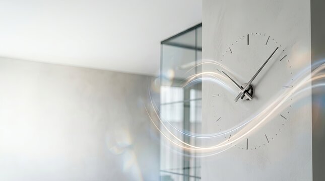 A sleek, modern wall clock hangs on a textured wall. Light streams in from a glass-walled room, creating a blurred, motion-like effect behind the clock.