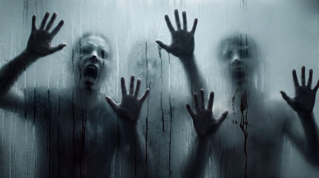 Three figures pressed against a frosted glass shower door, their faces contorted in terror, hands desperately reaching out, evoking a chilling sense of fear and confinement.