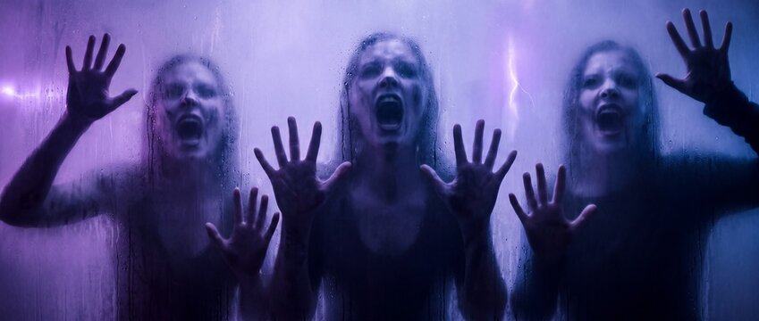 Three women with a terrifying expression, pushing against a foggy glass pane, shrouded in the eerie glow of purple light, a scene that captures the essence of fear and distress.