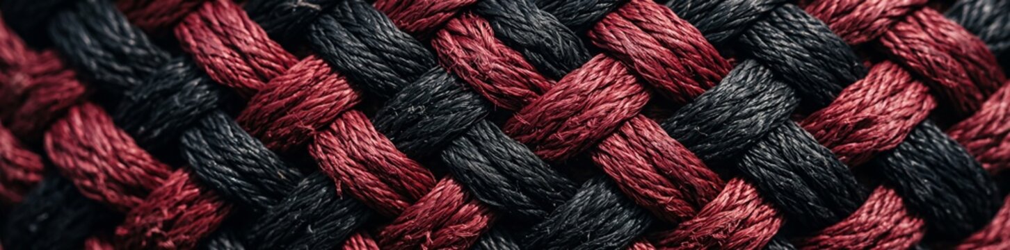 Woven texture of thick, intertwined threads in a striking pattern of deep red and black, creating a robust and visually engaging textile background.