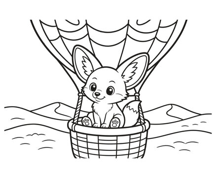 Cute fennec fox in a hot air balloon coloring page for kids.
