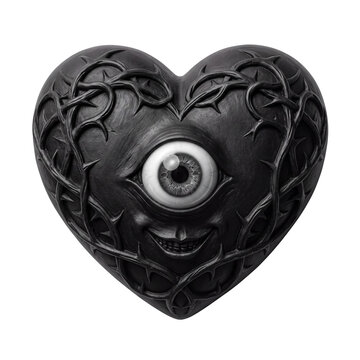 Black gothic heart with single eye and thorns on transparent background