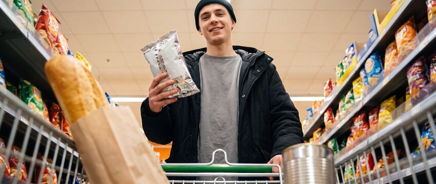 A young man wearing a beanie and a winter jacket pushes a shopping cart through a supermarket aisle filled with colorful snack packages, looking at a bag of chips he holds in his hand.