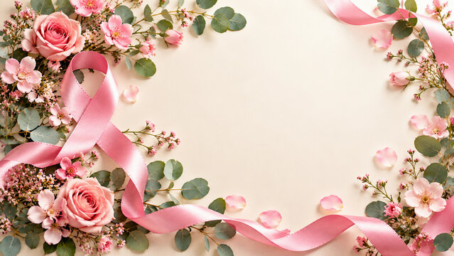Elegant breast cancer awareness composition with pink roses, delicate blossoms, eucalyptus foliage and a pink ribbon forming a decorative border around a large clean center for campaign messaging