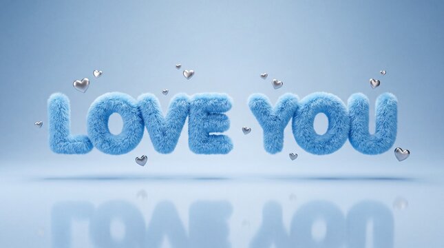 LOVE YOU fluffy blue text in 3D rendering with floating heart shapes against a soft blue gradient background, perfect for expressing affection and adoration.