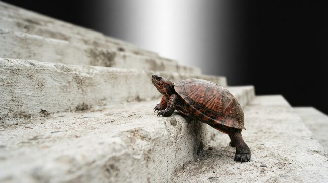 A reddish-brown turtle slowly climbs a set of concrete stairs. The turtle&rsquo;s shell is intricately patterned with dark and light brown markings.