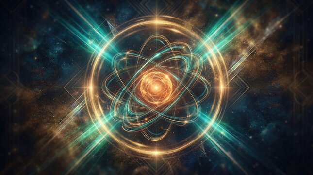 A vibrant, abstract image depicts an atom at the center of a swirling, energetic vortex.