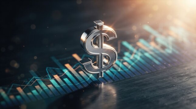 A gleaming silver dollar icon rests prominently on a dynamic graph background. The graph displays an upward trending line, symbolizing financial growth and prosperity.