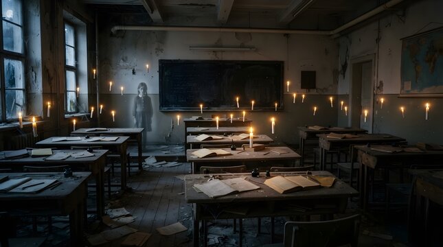 Abandoned candlelit classroom with empty desks, old chalkboards, and a faint ghostly presence, creating an eerie Victorian atmosphere with mystery, shadows, and memory in the dark.
