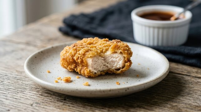 A single, golden-brown chicken nugget sits on a rustic, gray plate. A small ramekin filled with dipping sauce is placed beside the plate.