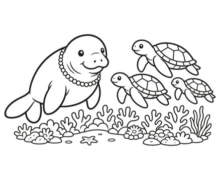 Cute cartoon manatee and sea turtles coloring page for kids.