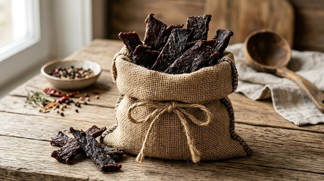 Dried beef jerky strips in a rustic burlap sack on a wooden table