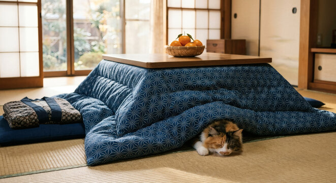 Calico Cat Sleeping Under a Japanese Kotatsu with Mikan Oranges in a Cozy Tatami Room in Winter