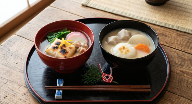 Japanese New Year Ozoni Soup Comparison, Kanto Style Clear Broth and Kansai Style White Miso