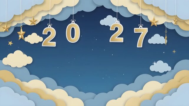 Happy New Year 2027 Background with Paper Cut Clouds and Copy Space for Banner or Party Invitation 4K Video Resolution