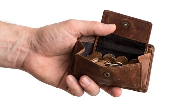 An open brown leather wallet reveals coins held in a person's hands, symbolizing personal finance, cash storage, spending, savings, budgeting, currency, and everyday financial decisions.