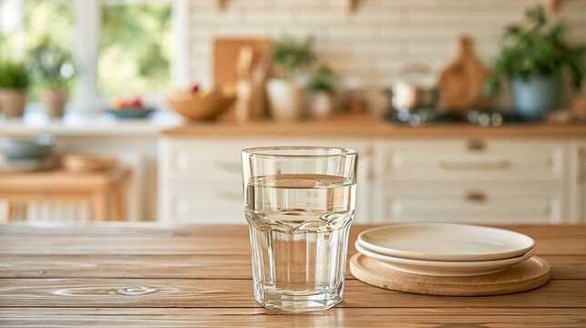 Tall Glass of Water Beside Stack of Plates and Wooden Trivet on Table in Warm Blurred Kitchen
