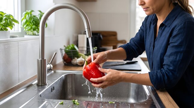 A person washes a fresh red bell pepper under running water in a kitchen sink, highlighting food preparation, freshness, cleanliness, healthy cooking, vegetables, and home routines.