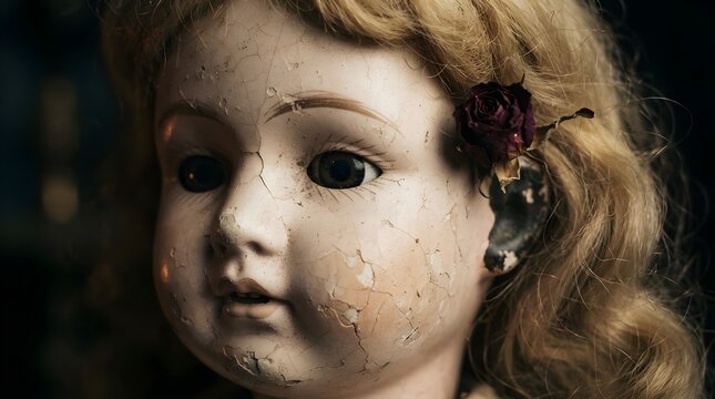 Close-up of an antique porcelain doll with cracked skin, dark glass eyes, and a worn floral hair ribbon, creating a haunting vintage atmosphere in dim, moody lighting after sunset.
