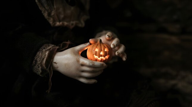 Close-up of pale hands cradling a carved pumpkin with a glowing face, set against a dark mysterious background with soft warm light and an eerie Halloween atmosphere evoking magic.
