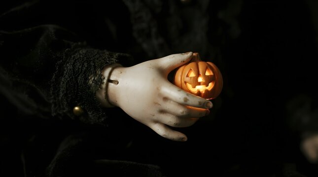 Pale hands gently holding a small carved pumpkin lantern with a glowing face, surrounded by deep shadows and warm candlelight, creating a spooky Halloween mood in a gothic setting.
