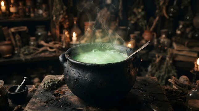 Dark cast iron cauldron with luminous green liquid, swirling steam, and bubbling potion, surrounded by candlelit shadows in a mysterious rustic witchcraft setting at dusk in gloom.

