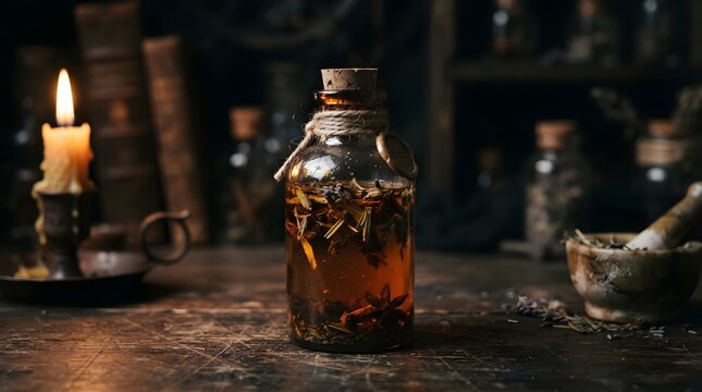 Vintage glass potion bottle filled with amber liquid and floating herbs, resting on a shadowy wooden table in a dim apothecary, creating a mysterious magical mood with eerie charm.
