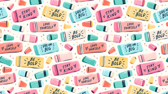 Eraser pattern with motivational quotes and pastel colors, seamless vector illustration for stationery and school supplies background