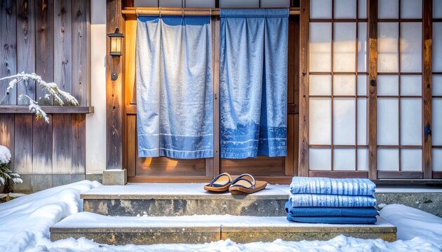 Traditional Japanese inn entrance in winter with indigo noren curtains, folded yukata, and zori sandals on a snowy stone step