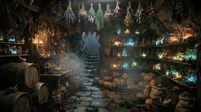 Enchanted woodland apothecary filled with glowing bottles, herbs, lanterns, and winding shadows, creating a magical mysterious atmosphere deep within a shadowy forest after sunset.
