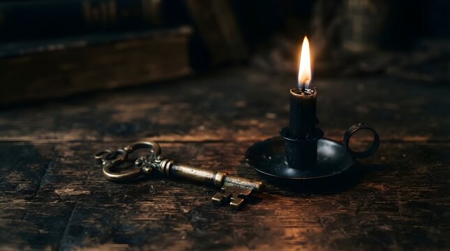 Antique iron key and black candle holder resting on a rustic wooden table, with a small flame glowing in the darkness, creating a mysterious gothic still life scene with old charm.
