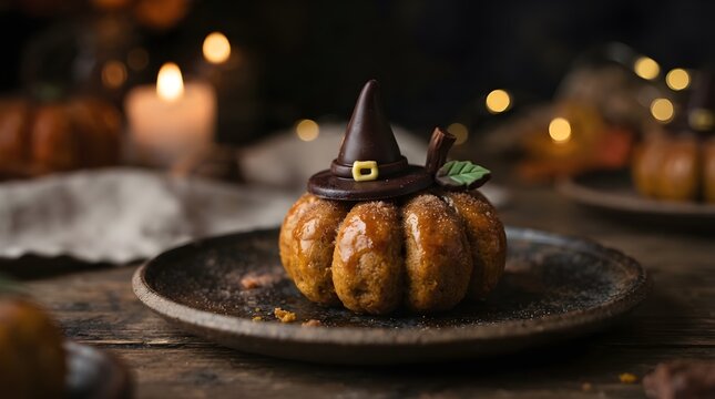 Carved golden pumpkin wearing a pointed black witch hat with a buckle, illuminated by warm candlelight on a rustic table, creating a charming magical Halloween scene evoking magic.

