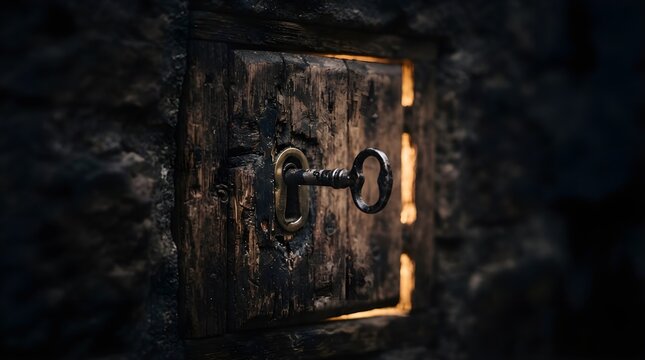 Close-up of an ancient wooden door with rough stone walls and a heavy iron handle, illuminated by warm candlelight, creating a mysterious medieval gothic atmosphere in candlelight.
