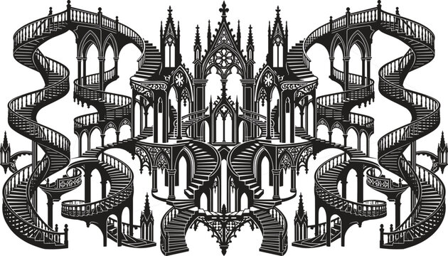 Intricate black and white optical illusion gothic castle vector pattern with surreal symmetrical labyrinth stairs and surreal cathedral arches