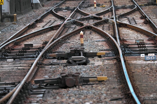 Complex railway tracks with multiple switches and diverging paths