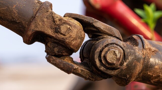 Close-up of worn universal joint on heavy machinery, covered with dirt and rust from intensive use, illustrating equipment maintenance, engineering, agricultural machinery, durability industrial work