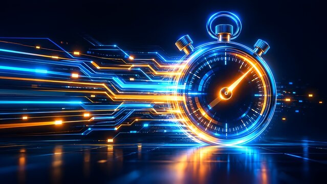High speed digital clock timer merging with futuristic circuit board lines for fast computing concepts