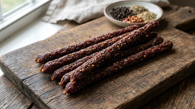 Spicy dried meat snack sticks served on a rustic wooden cutting board
