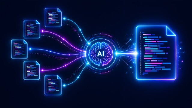 Artificial intelligence brain node processing glowing digital documents and code via fiber optic connections