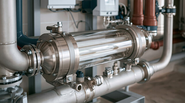 Stainless steel heat exchanger with pipe flanges in an industrial plant