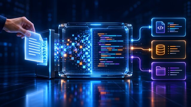 Human hand inserting glowing holographic document into futuristic server slot for AI data sorting