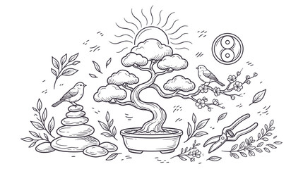 Fototapeta premium Bonsai tree line art illustration with birds and garden tools.