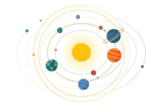 Educational flat vector illustration of the solar system showing planets in orbit around the sun on a white background