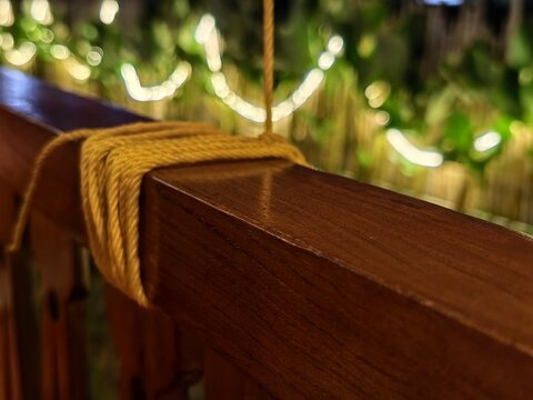 A cozy night view featuring a string of warm fairy lights woven through lush green plants and a bamboo fence