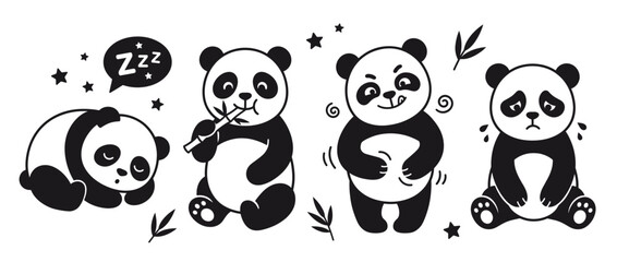 Fototapeta premium Cute pandas performing playful actions. Adorable giant panda characters in motion. Panda sleeping, eating, yawning, sitting. Vector illustration.